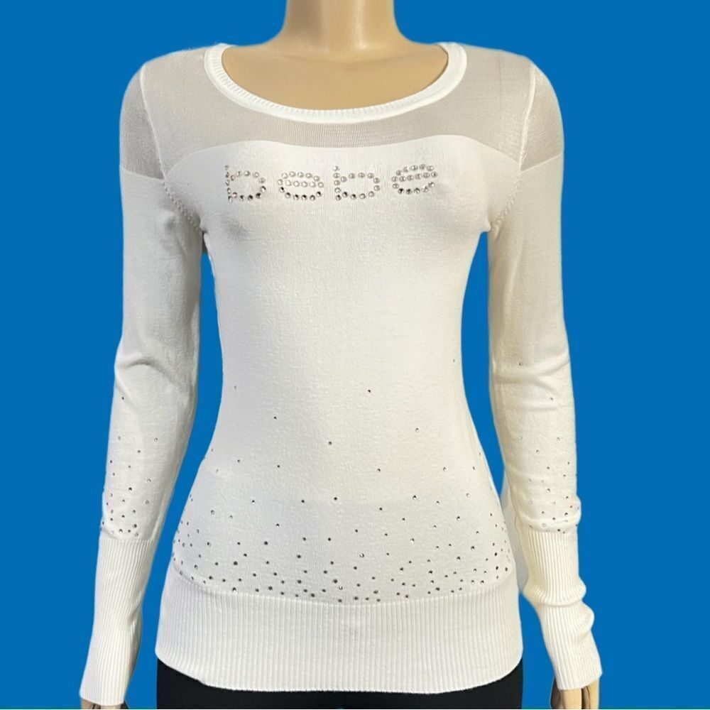 Bebe Confetti Genuine Swarovski Logo Scoop Neck Sweater Sexy Mesh Long Sleeve L